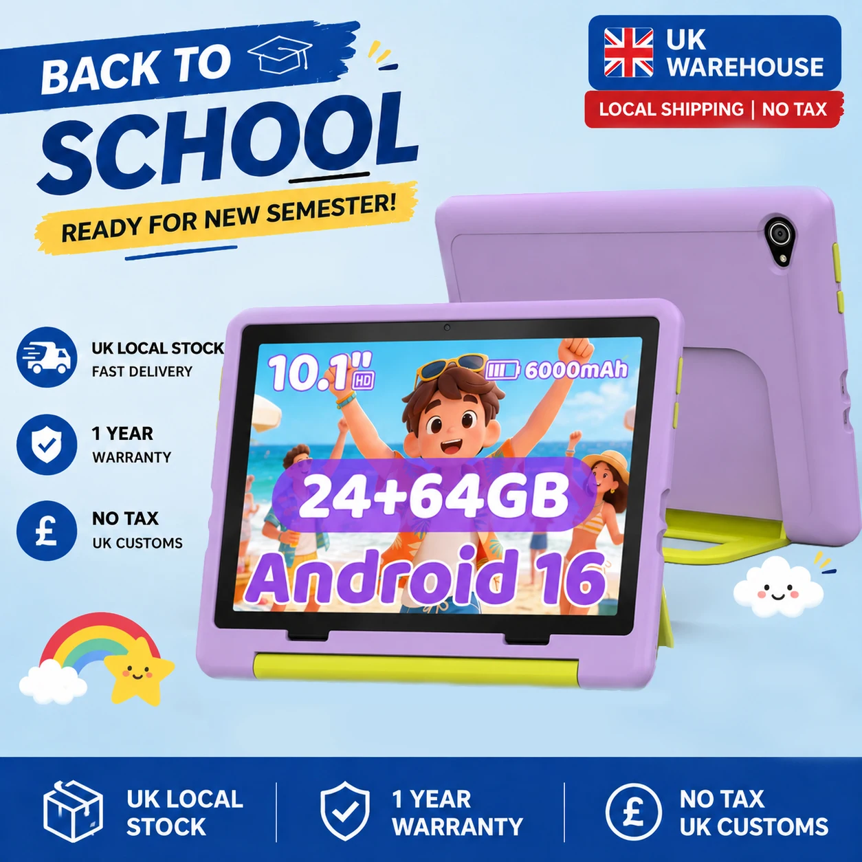 URAO KB1016 10.1 Inch Kids Tablet PC 20GB RAM 64GB ROM Android 16 IPS HD 800*1280 Display 5000mAh Children Learning Tablet Support TF Card 1TB Expand Back To School Educational Kids Tablet Purple &