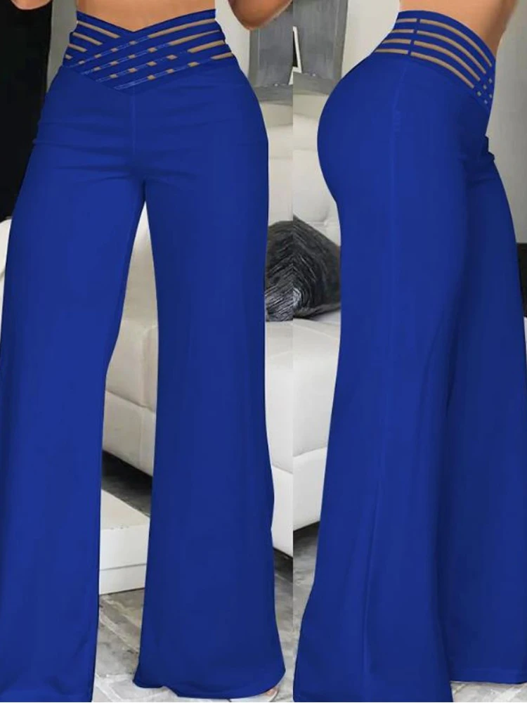 Women Elegant Wide Leg Flared Pants Y2K Fashion Causal High Street Pants Crisscross Sheer Mesh Patch Design Office Lady Trousers