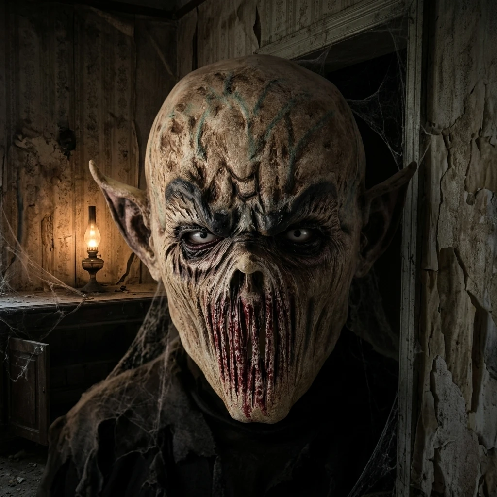 Ghoul Monster Mask Premium Latex Realistic Wound Details Horror Party Decor for Special Effects Fans with Hooded Robe Included