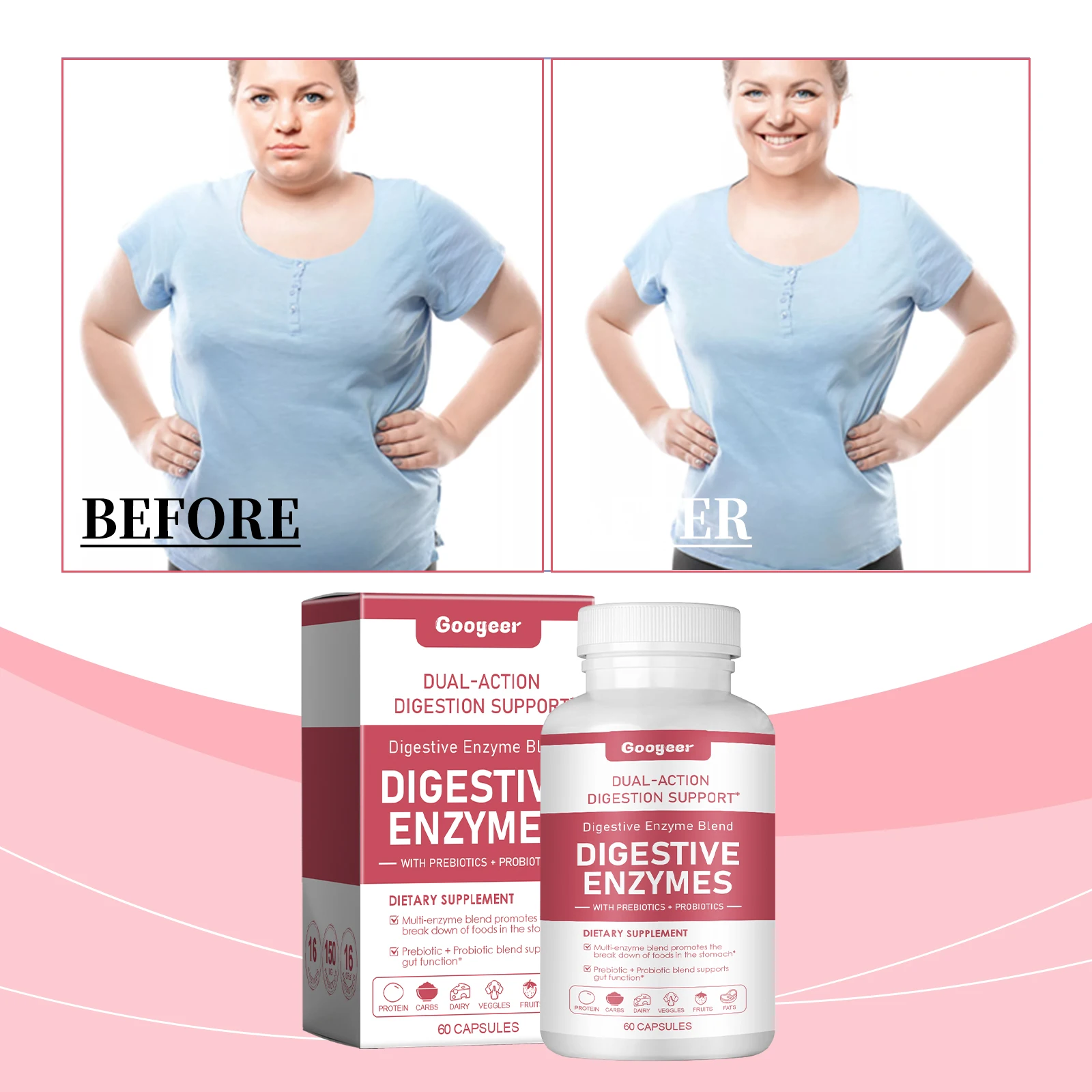 

60pcs Googeer Probiotic Capsules Dietary Supplement Immune Defense Digestive Balance Gut Regulation Lactose Comfort Cholesterol