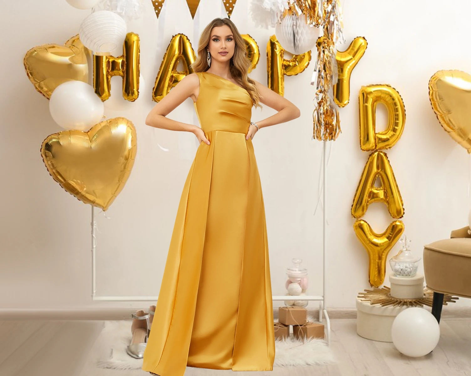 

One Shoulder Satin Prom Dress with Overskirt Long Wedding Fashion Designed Women 2024 Ruched Floor Length Evening Party Dress