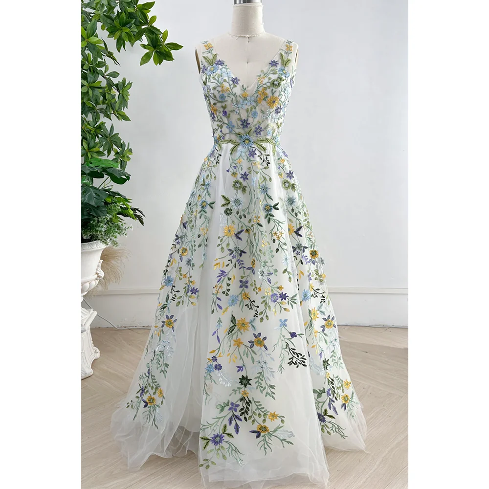 Robe de Soirée en Dentelle Florale Brodée Personnalisée pour Femme, Tenue de Forme Trapèze, Col en V, Dos Ouvert, Photos Réelles