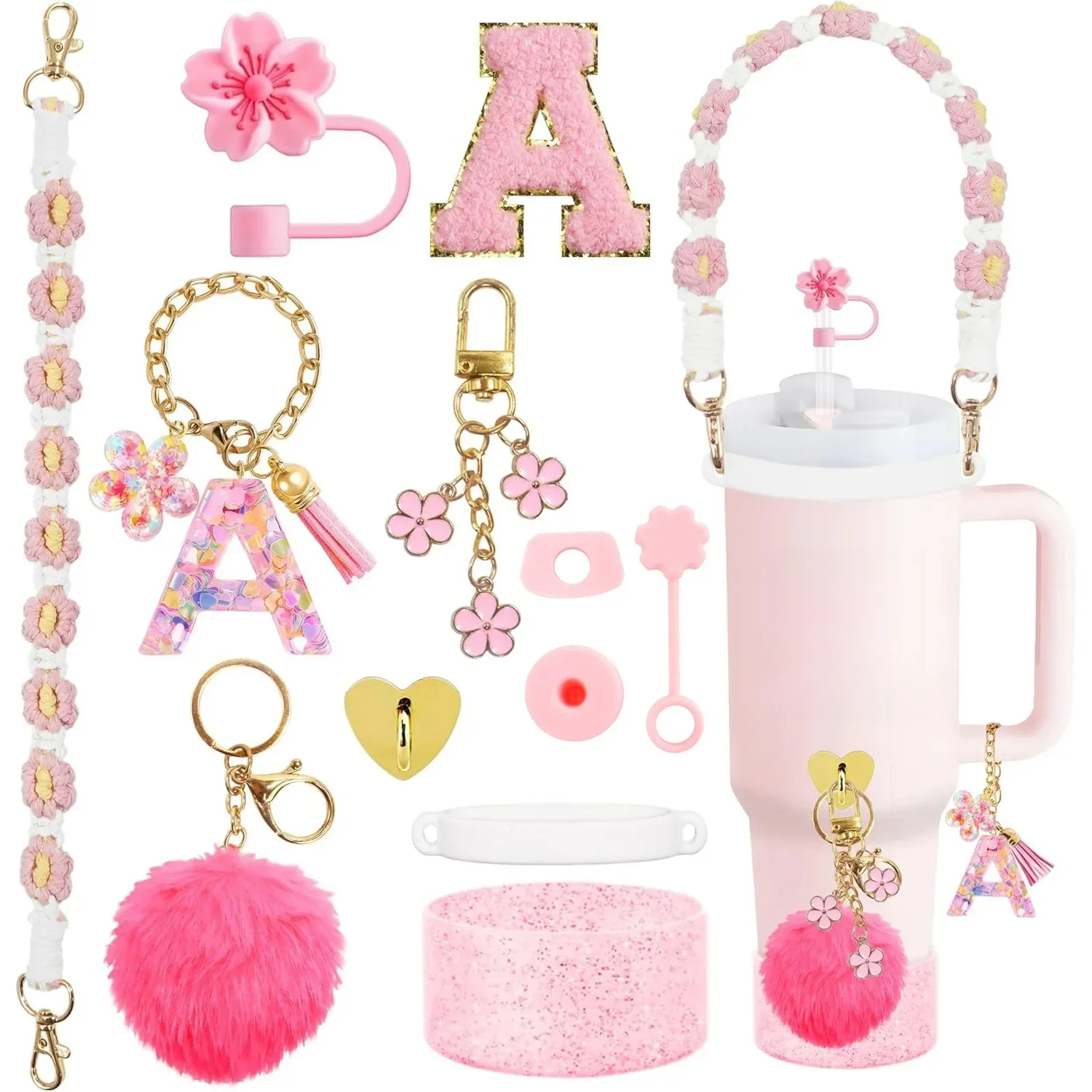 Accessoires de tasse pour Stanley Cup, 30oz 40oz, couvercle en paille, sangle de poignée de bouteille d'eau, chaînes de bottes, autocollant personnalisé, 12 pièces