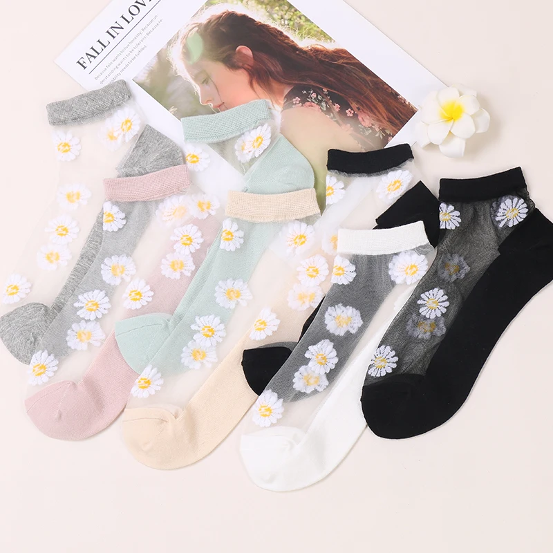 DONGAI 1 Pair Breathable Ultra Ankle Socks Summer Women Transparent Lace Silk Crystal Flower Girls Elastic Short Sock Female Sox