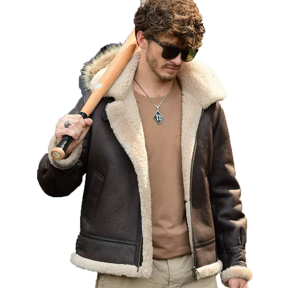 Denny&Dora Mens Shearling Jacket Detachable Zip Hood Sheepskin Coat Natural Shearling Leather Jacket Mens Pilot Jacket