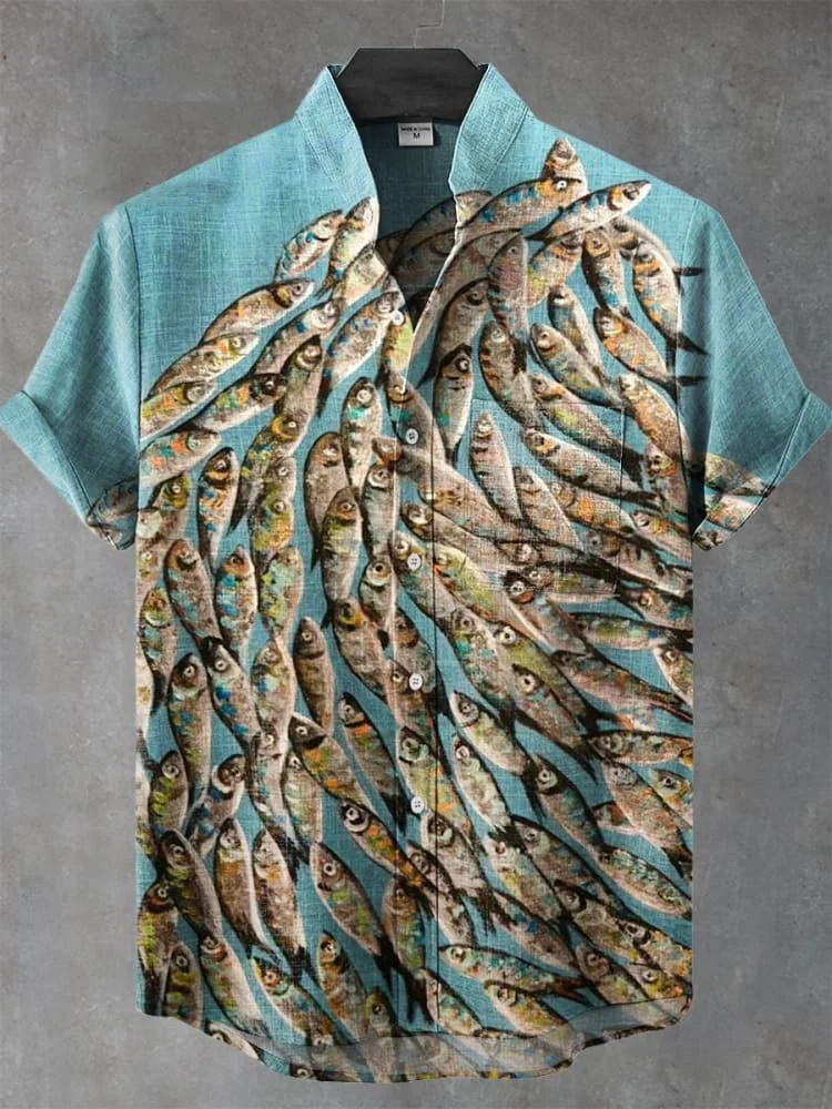 Новая мужская рубашка из льняной удобной ткани с короткими рукавами и принтом рыбы в стиле ретро, гавайская рубашка, быстрая доставка