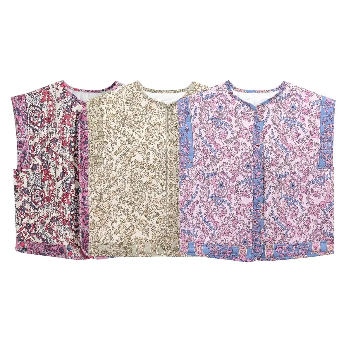 Zevity 2024 Women National Style O Neck Floral Print Patchwork Quilted Cotton Vest Jacket Ladies Retro Slim WaistCoat Tops CT332 — zdjęcie 2