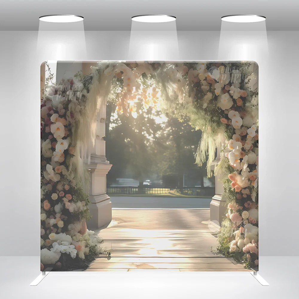 

Wedding Arch With Flowers Party Straight Pillow Case Photo Booth Backdrop Cover