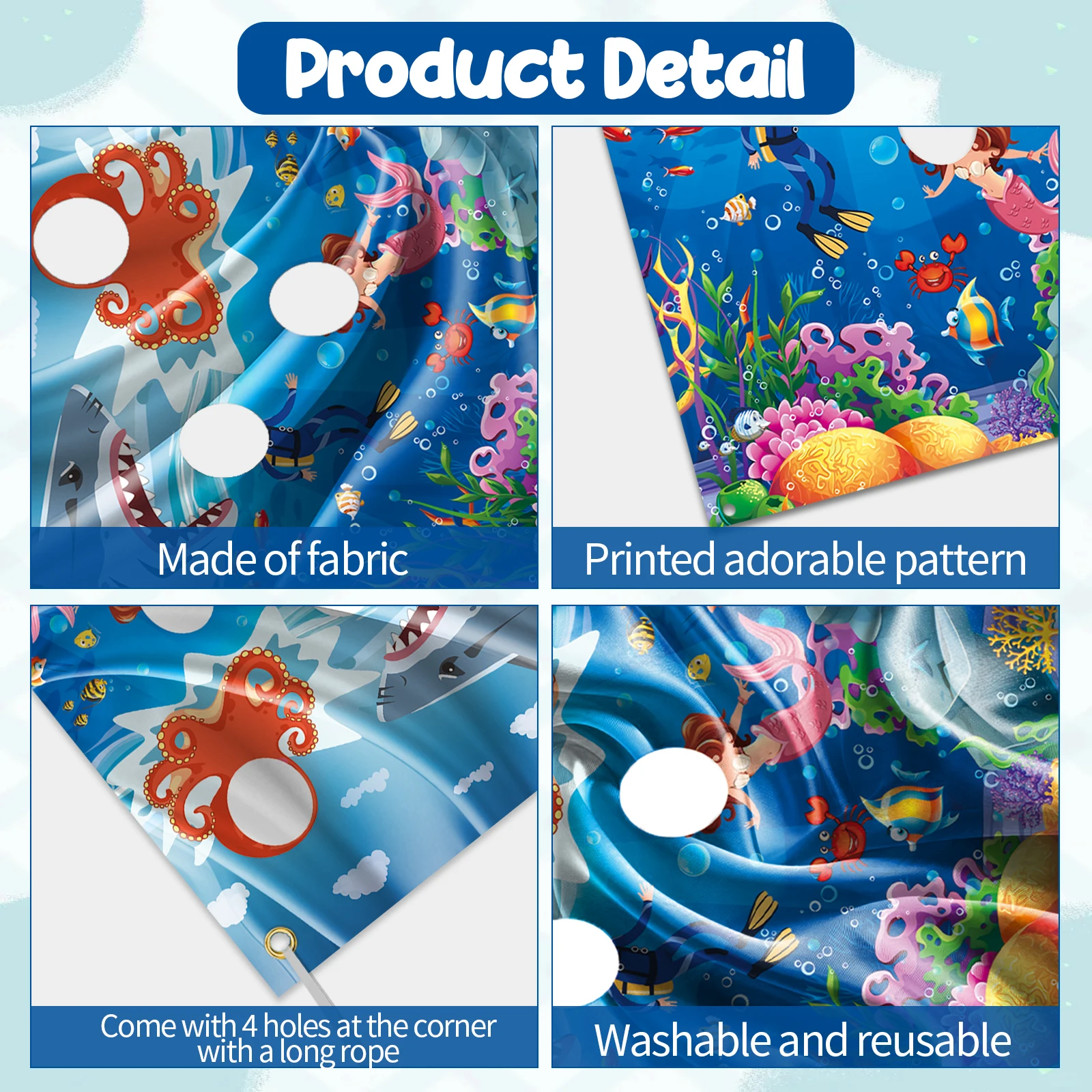 Toile de fond de bannière de photo en polyester vibrant sous la mer, grandes décorations durables de bannière de poulpe de requin petite sirène pour la mer A