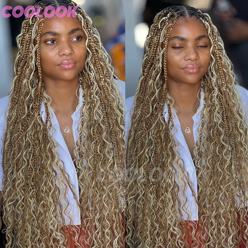 Wig kepang kotak Bohemian pirang 613 Wig sintetis 32 "Wig depan renda penuh Wig kepang tanpa simpul dengan ujung ikal Wig kepang Cornrow