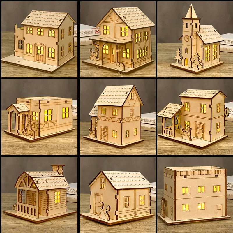 Hobbiesgogo Unfinished Wood House Collectible Buildings Living Room Village Desktop Ornament Holiday Xmas Home Decor