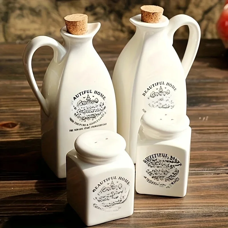 Pot d'huile en céramique blanc pur de style japonais, pot d'assaisonnement au sel, bouteille d'assaisonnement pour barbecue, camping, pique-nique, fournitures de cuisine, ensemble de 4 pièces
