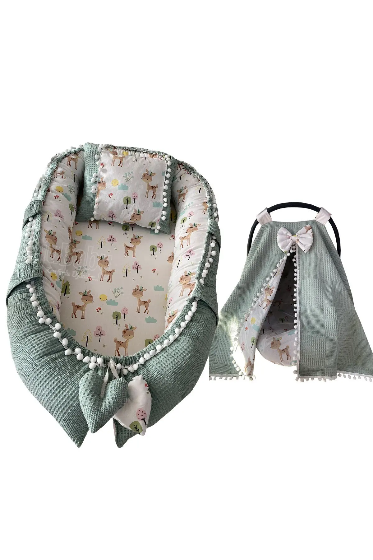 

Handmade Green Wafle Pique Fabric Ceylan Design Babynest and Stroller Cover Set