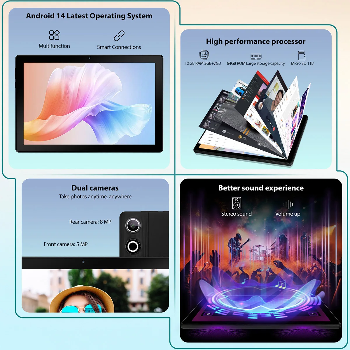تابلت 10 بوصة يعمل بنظام Android 14 ثماني النواة بسعة 10 جيجابايت + 64 جيجابايت (توسيع إلى 1 تيرابايت) متوافق مع Widevine L1 WiFi 6 Bluetooth 5.3 وفتح الوجه