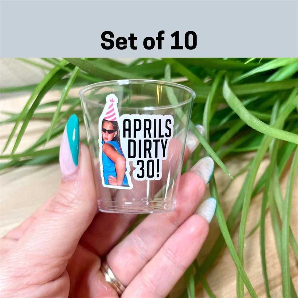 Juego de 10 vasos de chupito de plástico personalizados, vasos de chupito personalizados a granel, decoraciones para 30 cumpleaños, vaso de chupito personalizado, 30 cumpleaños