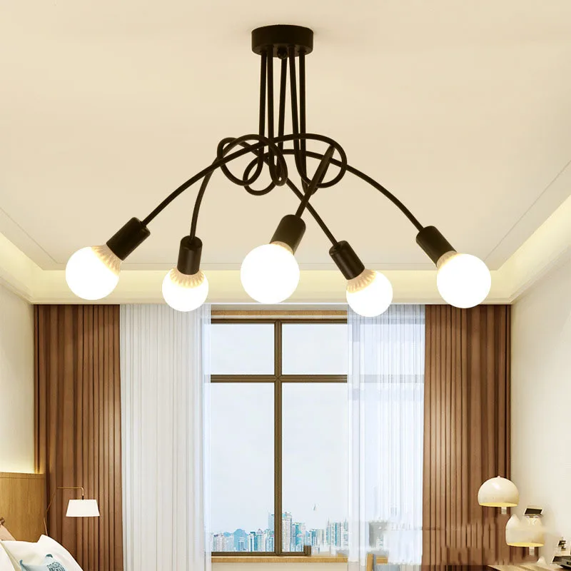 Retro Chandelier Wrought Iron LED Ceiling Lamp Black and White E27 Light Living Room Modern Decoration Home Lighting Fixture