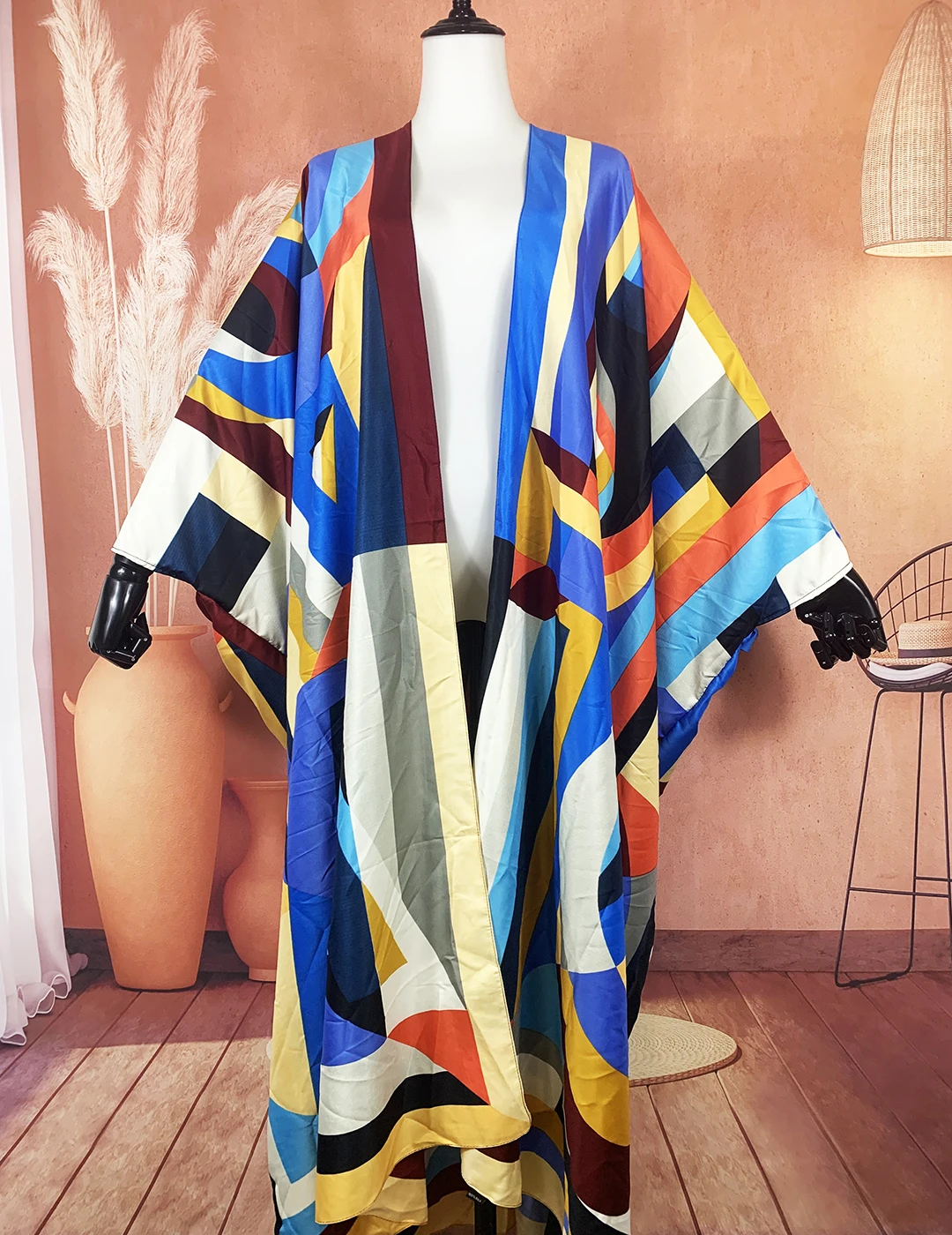 

Kuwait Fashion Multicolor Bohemian Women's Summer Swimwear Open Front Kimonos Dashiki African Lady Outlet Long Cover Up Duster