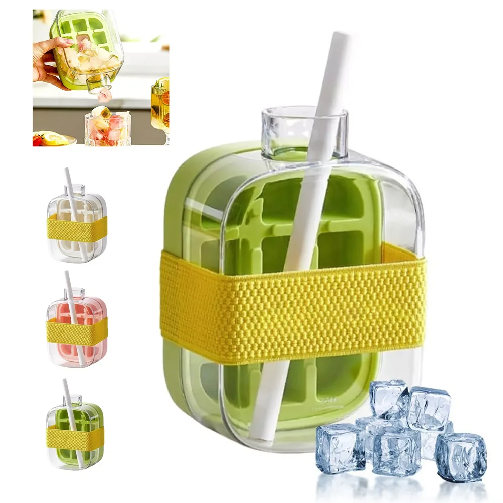 Ice Cube Bottle with Straw, 2 In 1 Touch-Free Push-Type Ice Cube Making Bottle, Easy Release Water Bottle Ice Mold