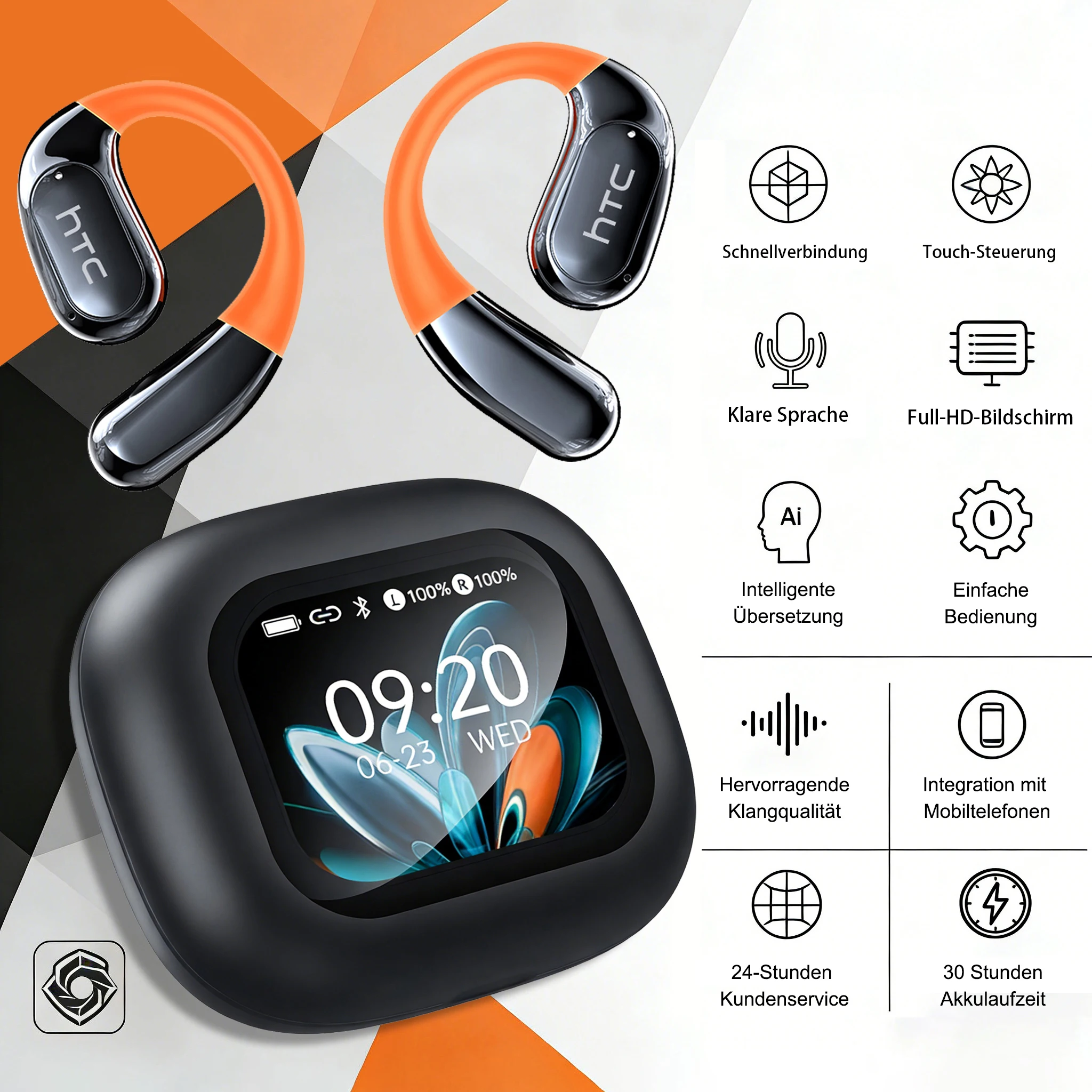 Écouteurs Bluetooth sans fil NE27 à oreille ouverte avec traduction IA pour plus de 150 langues, écran LCD Full HD, 50 heures de lecture, faible latence et confort amélioré