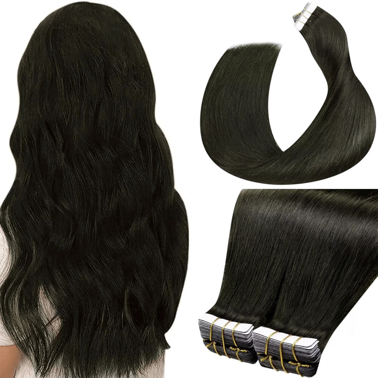 Tape In Hair Extensions Straight 100% Human Hair Real Natural Hair #1B Natural Black Brazilian Hair 20 Pcs Per Pack #1 Jet Black