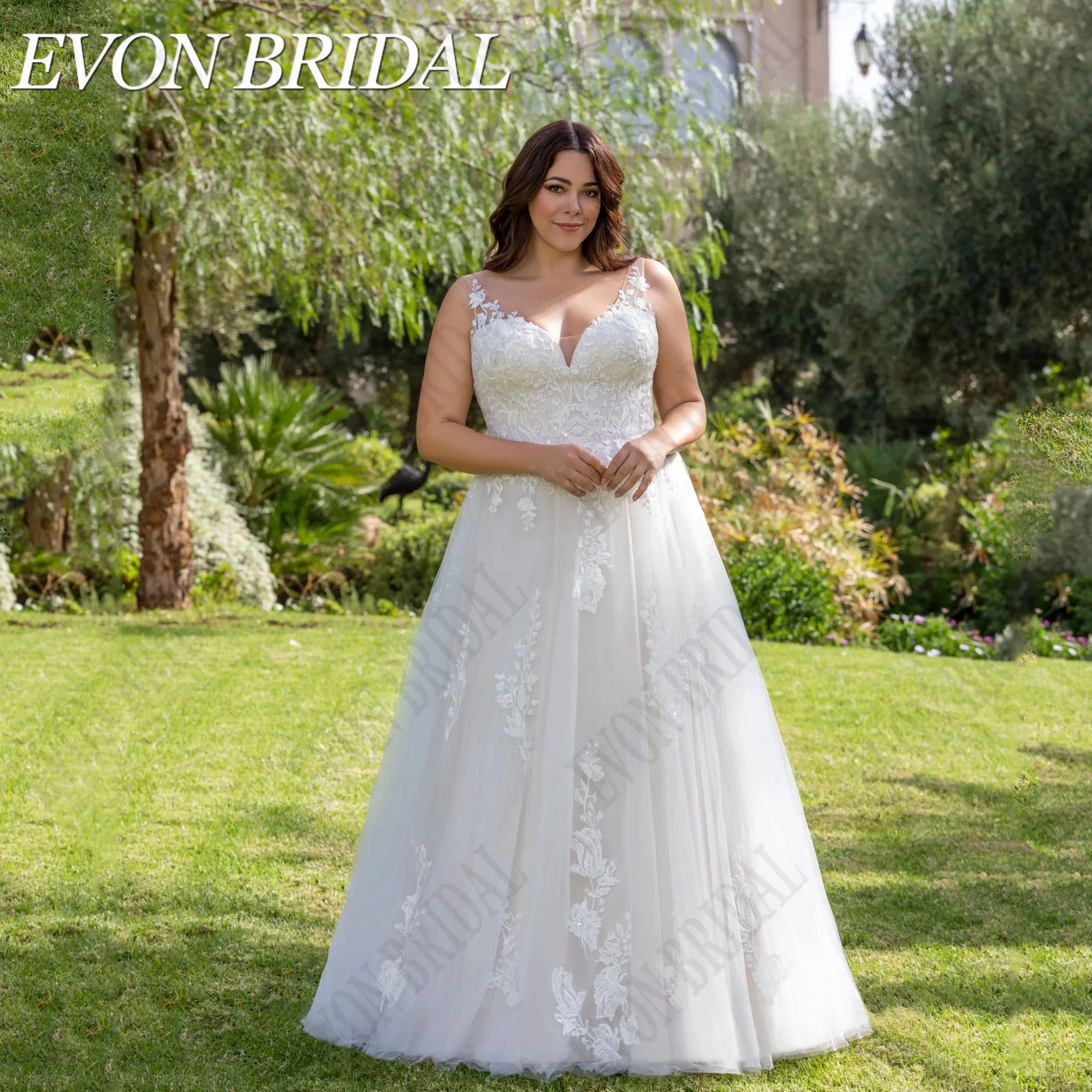 

EVON BRIDAL V-Neck Elegant Wedding Dresses Plus Size Woman A-Line Applique Bride Gowns Sequined Sleeveless Robe De Mariée 2024