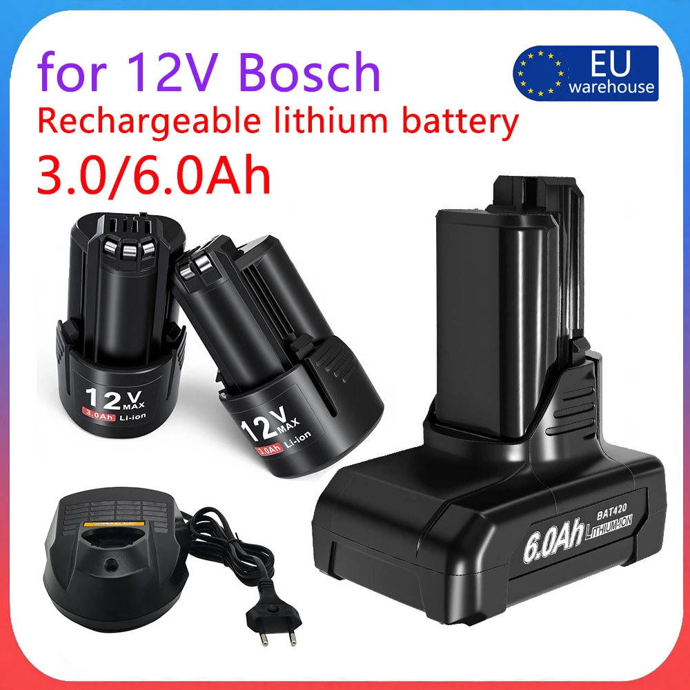 12V/10,8V 3,0Ah 6,0Ah für Bosch BAT411 Akku, wiederaufladbarer Li-Ionen-Akku, langlebig, für Bosch 12V 3000mAh Li-Ionen-Ersatzakku, passend für BAT411, BAT411A, BAT412, BAT412A2607 336 013 Ladegerät