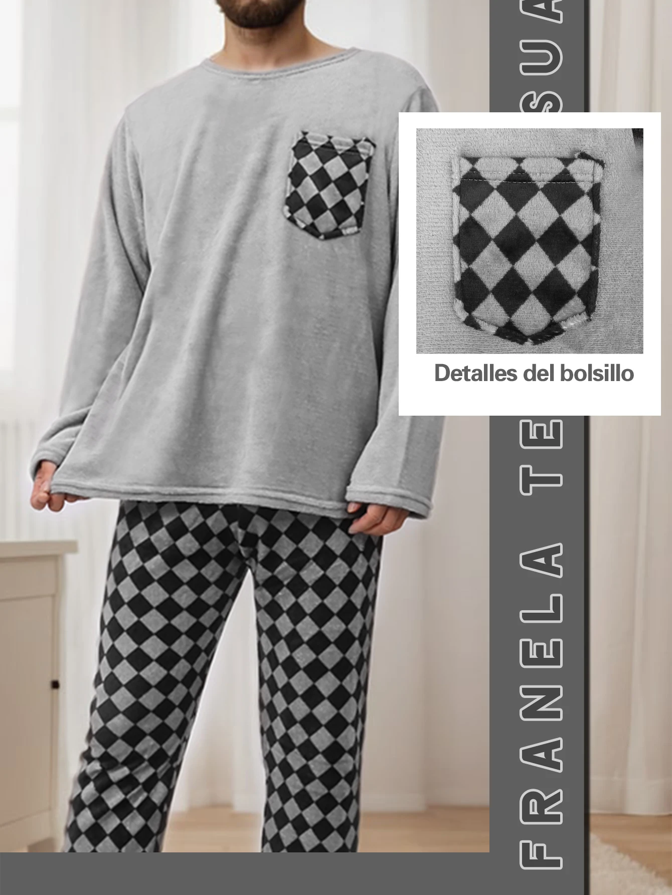 Pijama de inverno masculino, conjunto de 2 peças com mangas compridas e calças, conforto e estilo