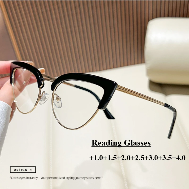 

Модные металлические очки для чтения «кошачий глаз», женские анти-синие очки высокой четкости, оптические очки по рецепту от 0 до + 4,0