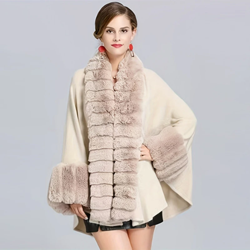 

Женская шаль из искусственного меха, однотонная шаль с длинным воротником, плащ с петлями из искусственного меха на манжетах, элегантная и свободная