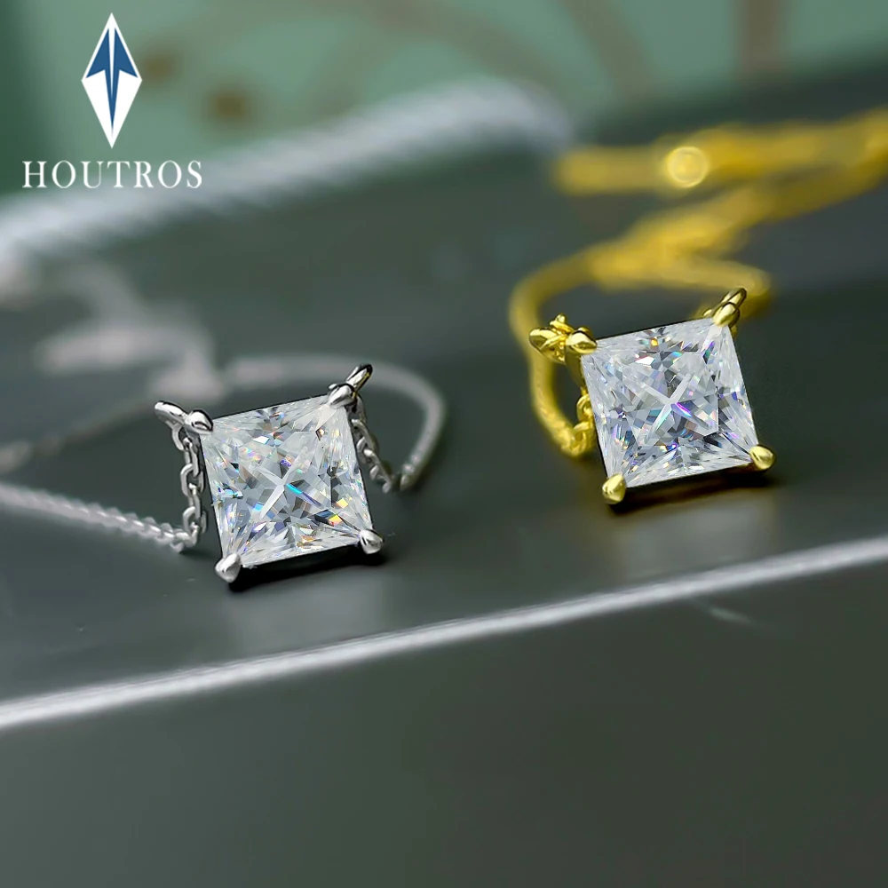 

1 карат огранки принцессы из муассанита, ожерелье для женщин, стерлинговое серебро 925 пробы, сверкающий пасьянс, квадратные бриллиантовые ожерелья, ювелирные изделия