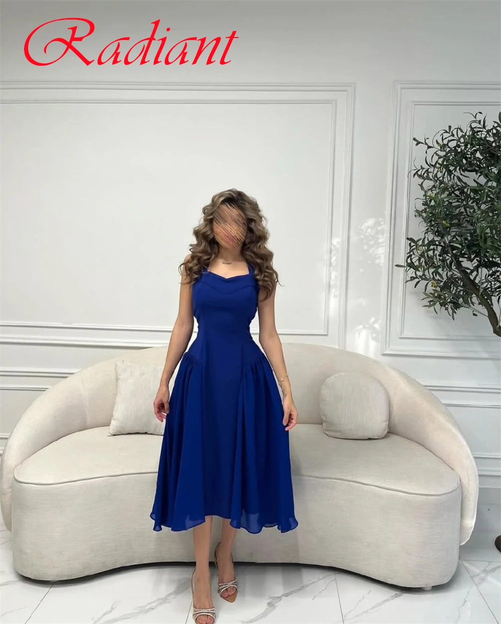 

Customized Elegant Blue Jersey Evening Dress High Quality Square Collar Spaghetti Straps Celebrity Gowns Classic Party Dress