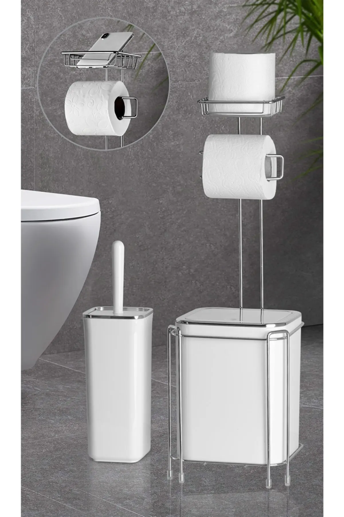 Chrome Backed Wc Paper Holder 5 Liter Trash Can And Wc Brush Set Bathroom Accessory Sets Home Decoration Hard Plastic Material