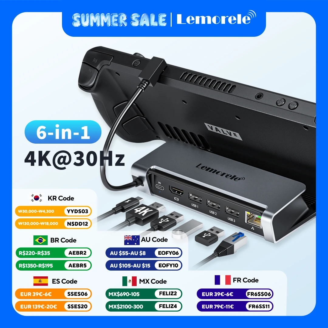 Lemorele 6 IN 1 USB C Docking Station for Steam Deck HDMI 4K30Hz RJ45 1000M PD 100W Dock Switch for Projector PC TV USB C HUB