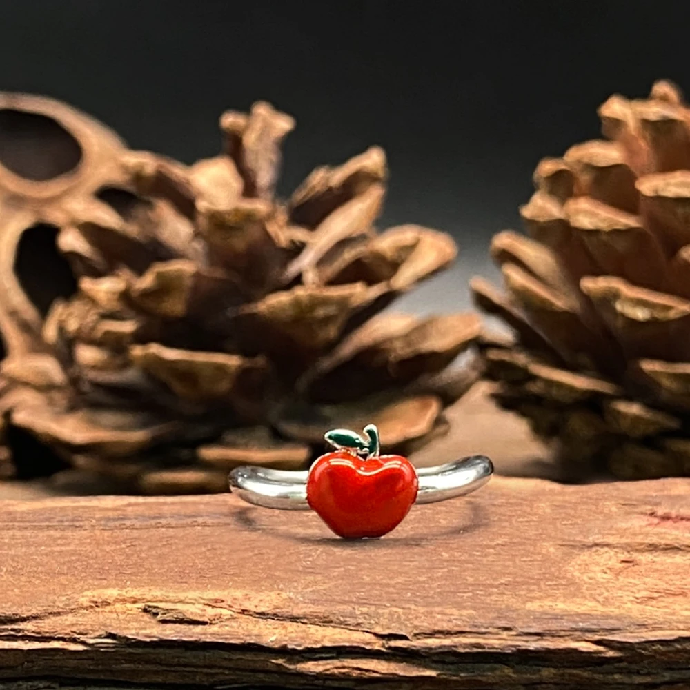 

Christmas Apple Ring - Red Glazed Adjustable Stacking Band, Open Silver Jewelry Gift for Her Him