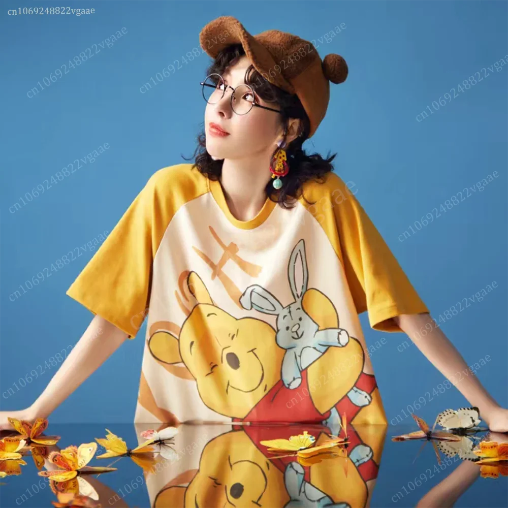 2024 Summer Disney Winnie the Pooh T Shirt Women Short Sleeve Boys Girls Kids Polyester Tee Couple Clothes Children