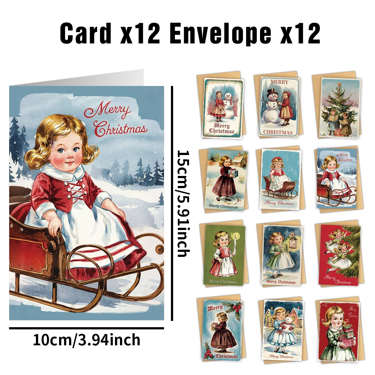 12 Stück Vintage-Weihnachtsgrußkarten mit Umschlag – niedliche Winterszenen, handgeschriebene Notizen für frohe Weihnachten, Urlaubsbriefpapier