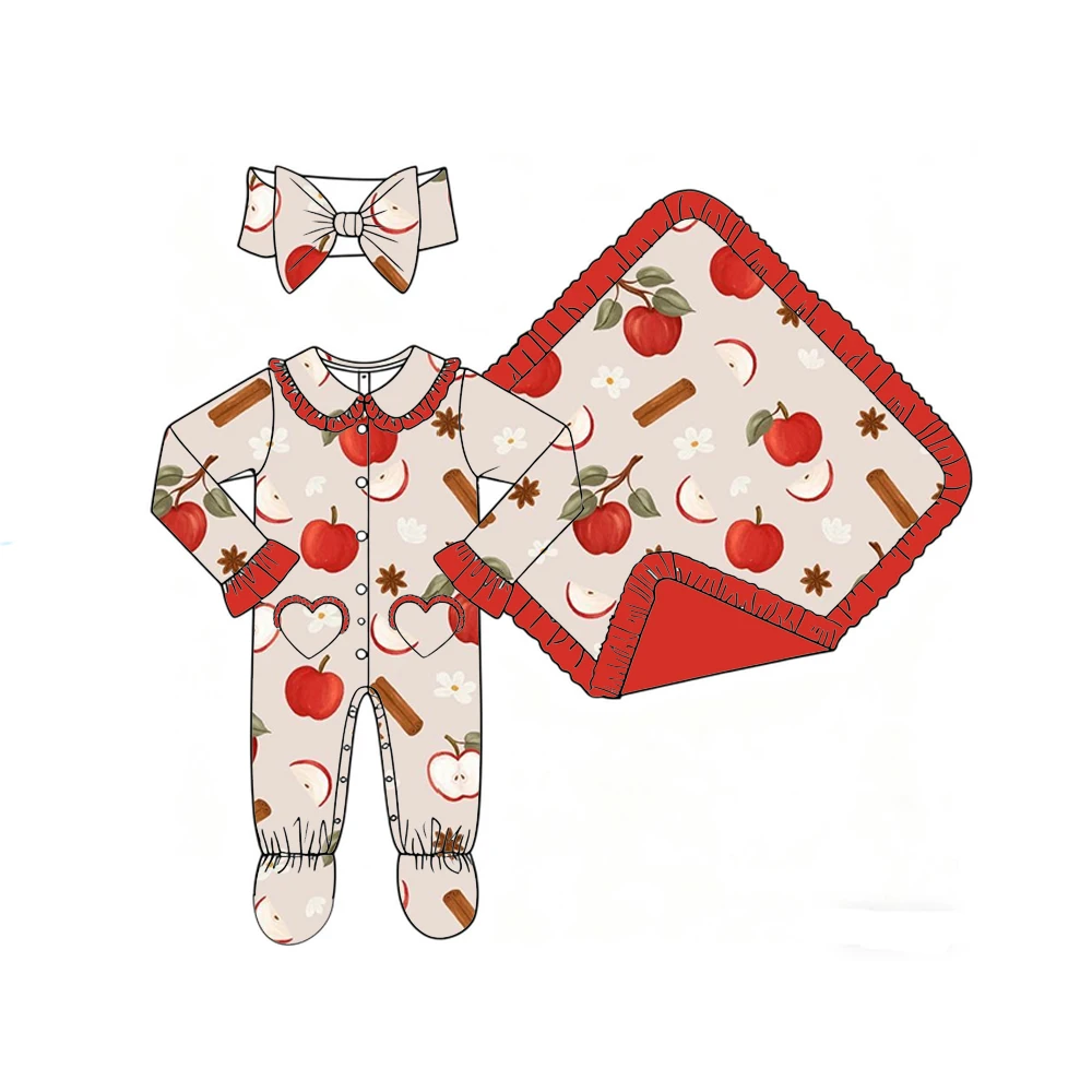 Boutique girls' blanket and romper lapel ruffle buttons love pocket binding feet fruit flower print Custom patterns wholesale