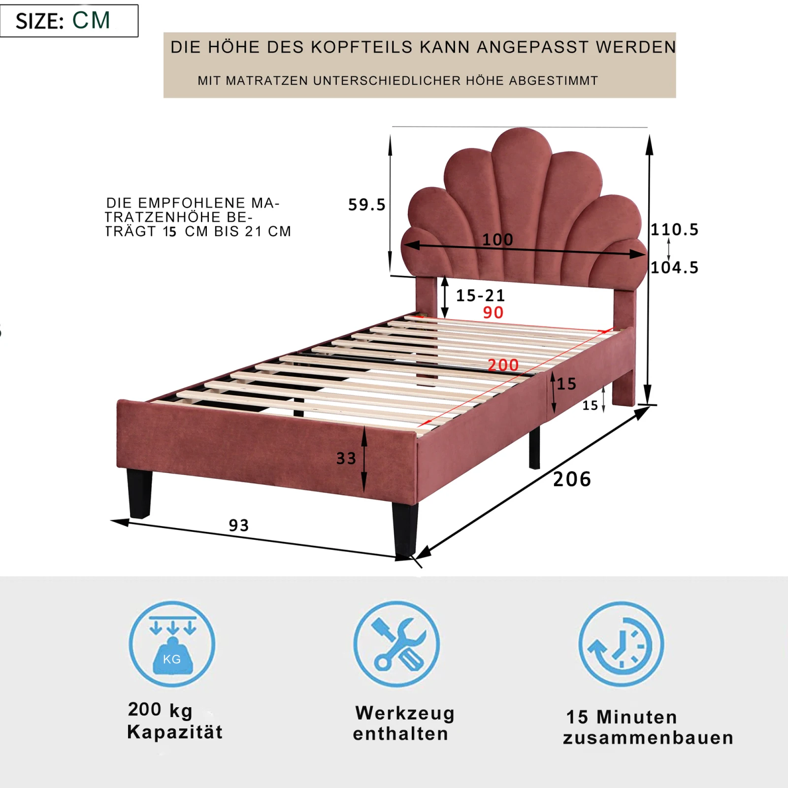 Rosahqnda gestoffeerd bed 90/140x200cm kinderbed met Petal hoofdbord tweepersoonsbed voor kinderen, jeugd, volwassenen, fluweel