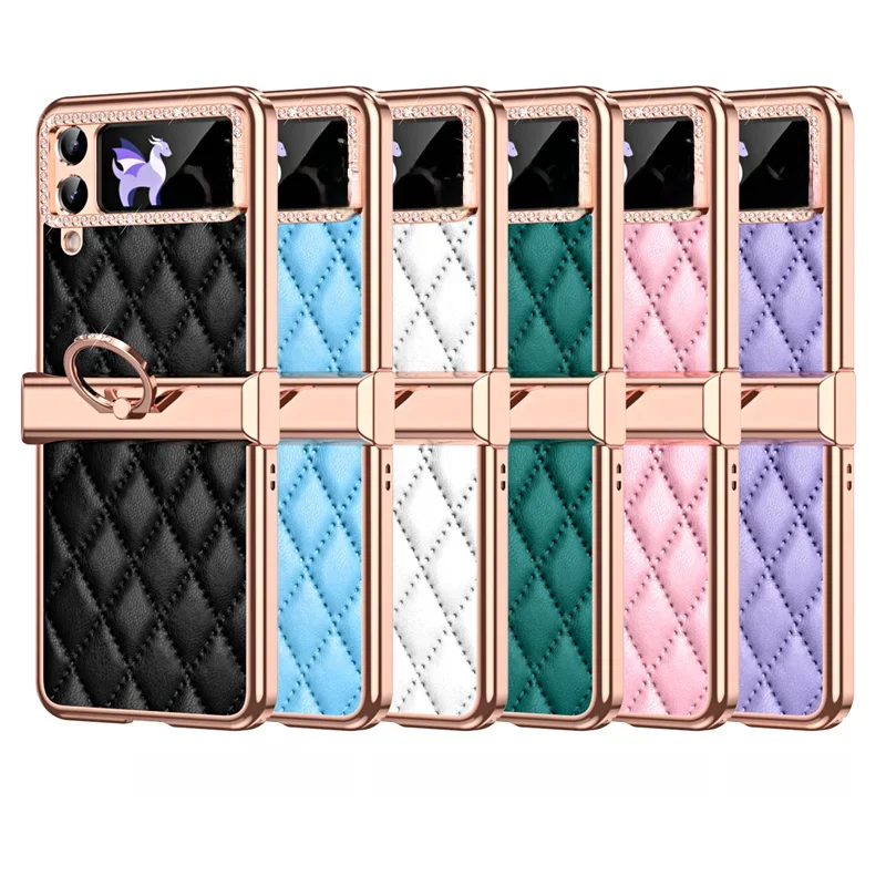 Etui na telefon Cute Diomand Ring Stand do Samsung Galaxy Z Flip6 5 4 3 Cover Holder do Flip5 ZFlip3 Plain Color Soft Leather Shell — zdjęcie 2