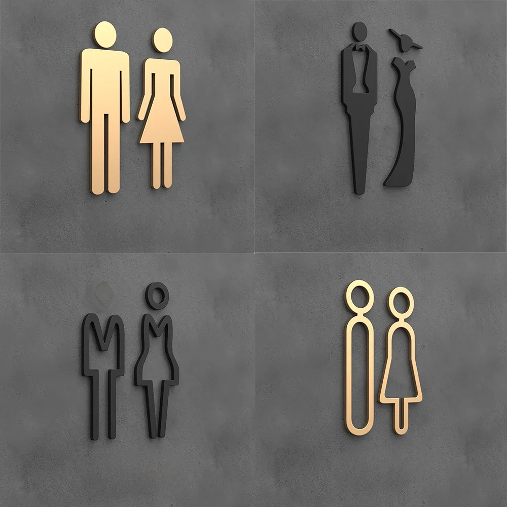 Plaque de signalisation de toilette en or noir mat, acrylique 3D, étiquette murale de porte de salle de lavage, panneau de signalisation de salle de bains, décoration artistique d'hôtel et de maison