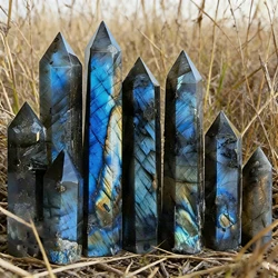 Varitas de labradorita para pulir cristales naturales, piedra de energía curativa Reiki, punto Hexagonal, Obelisco, piedras preciosas, 1,57