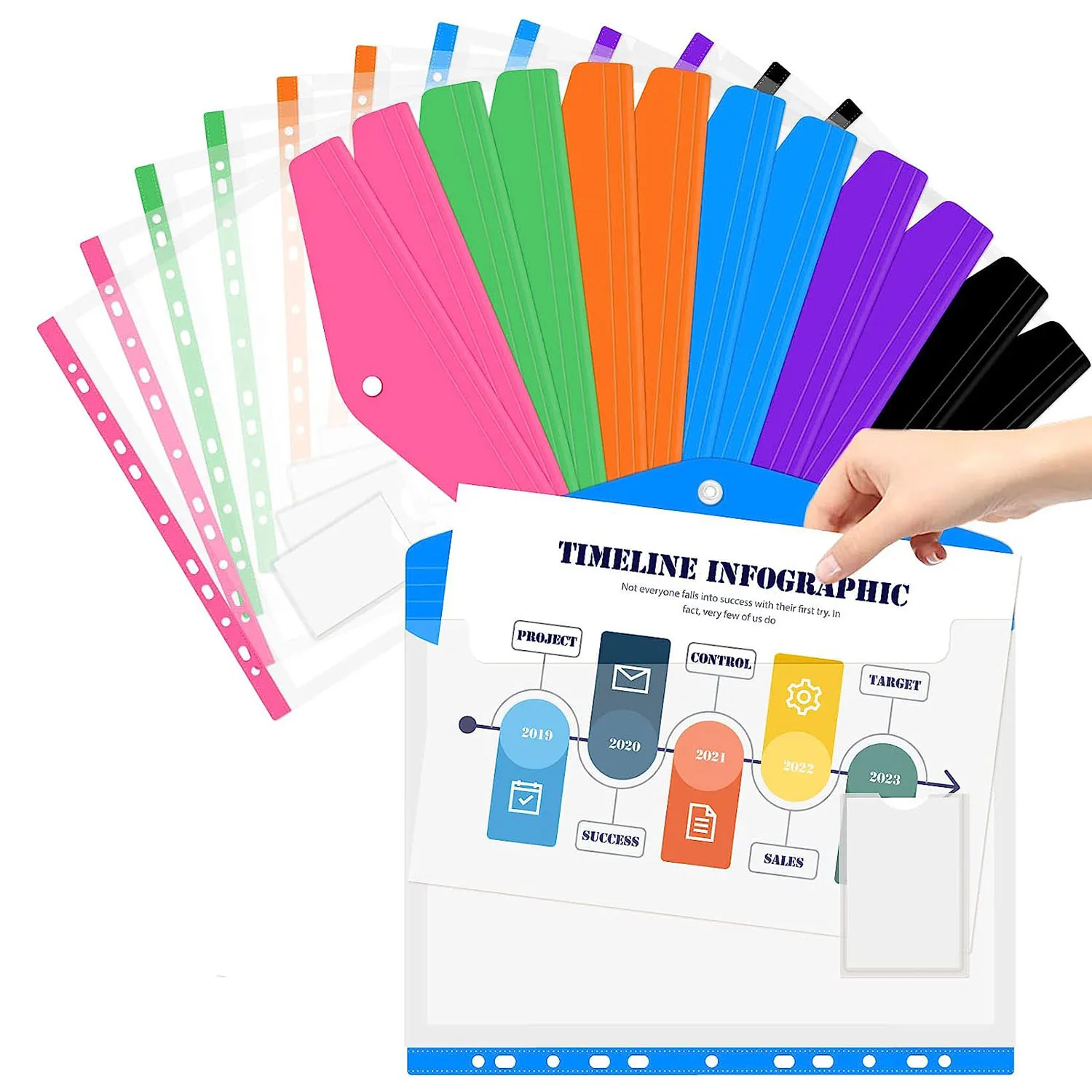 A4 Size Plastic File Folders 6-color 11-hole Horizontal File Bag, File Folder Expansion Bag  Fit for 2/3/4 Ring Binder