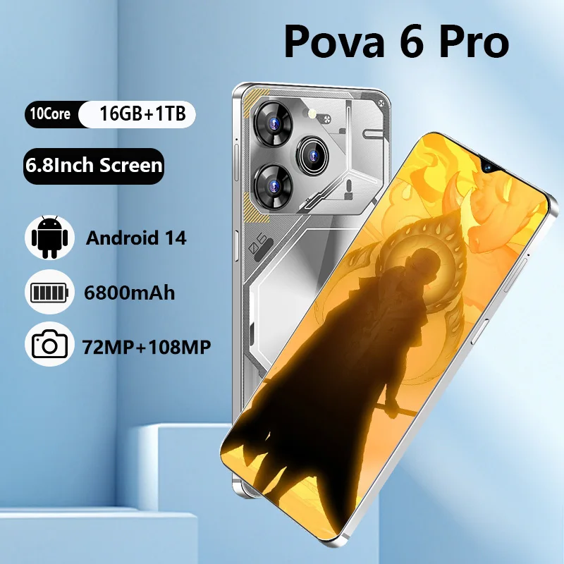 

New high-end Original Mobile Phones Pova 6 Pro 6.8inch smartphone 5G 16G+1TB 7800mAh CellPhones Face Unlocked Android 14