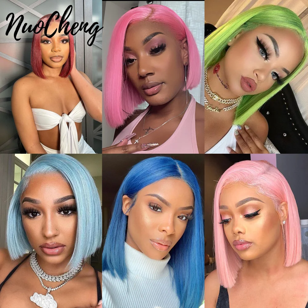 Colored Short Bob Wigs Human Hair Wig with Pre Plucked Baby Hair Pink Color 13x4 Lace Frontal  Glueless Straight Bob Wig 180%