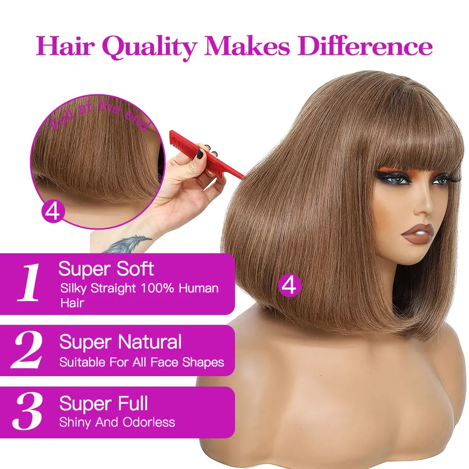 Short Bob Brown Straight Human Hair Wigs With Bangs  Machine Made Bob Wig for Women Beginner Friendly 14 Inch Natural Color