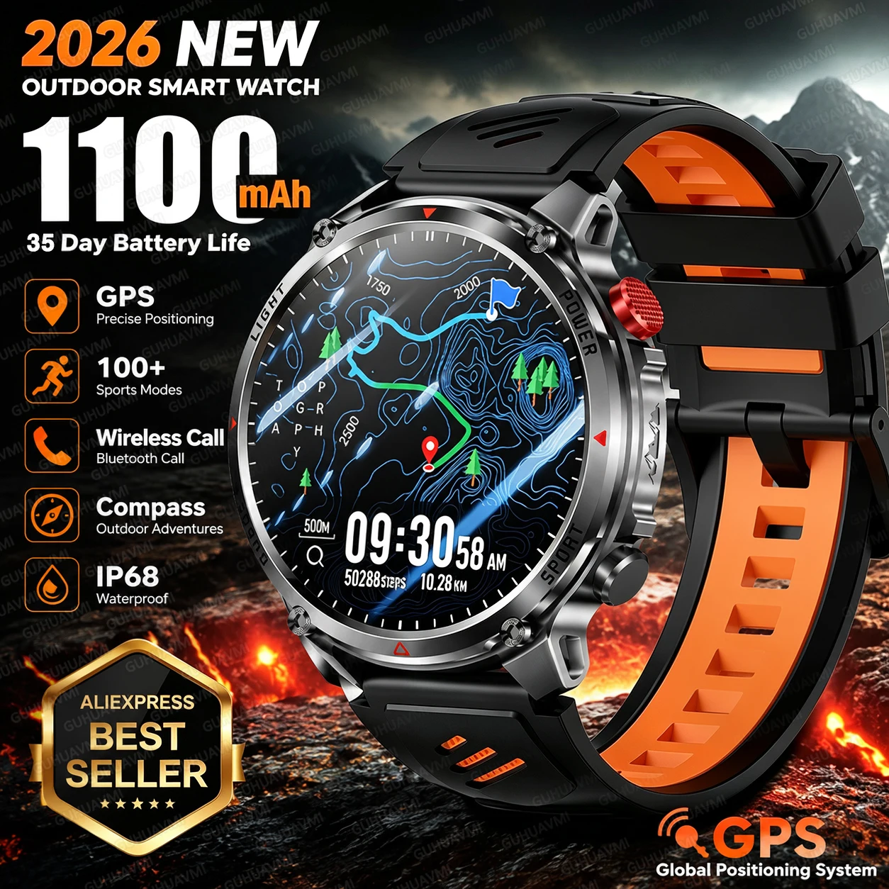 2026 New 1100mAh Long Battery Smart Watch Men Rugged Outdoor GPS Adventure Bracelet IP68 Waterproof Compass Sports Smartwatch