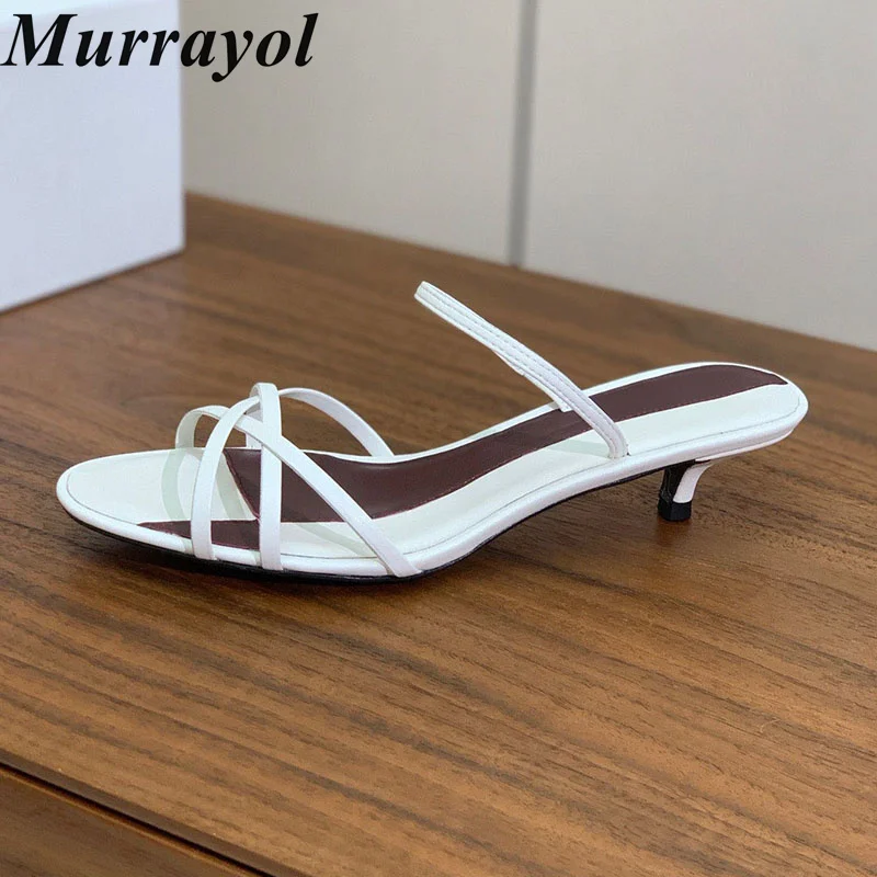 Slippers Women Genuine Leather Narrow Band Kitten Heels Sandals Mixed Color Sandalias Mujer Ladies Summer Party Banquet Shoes