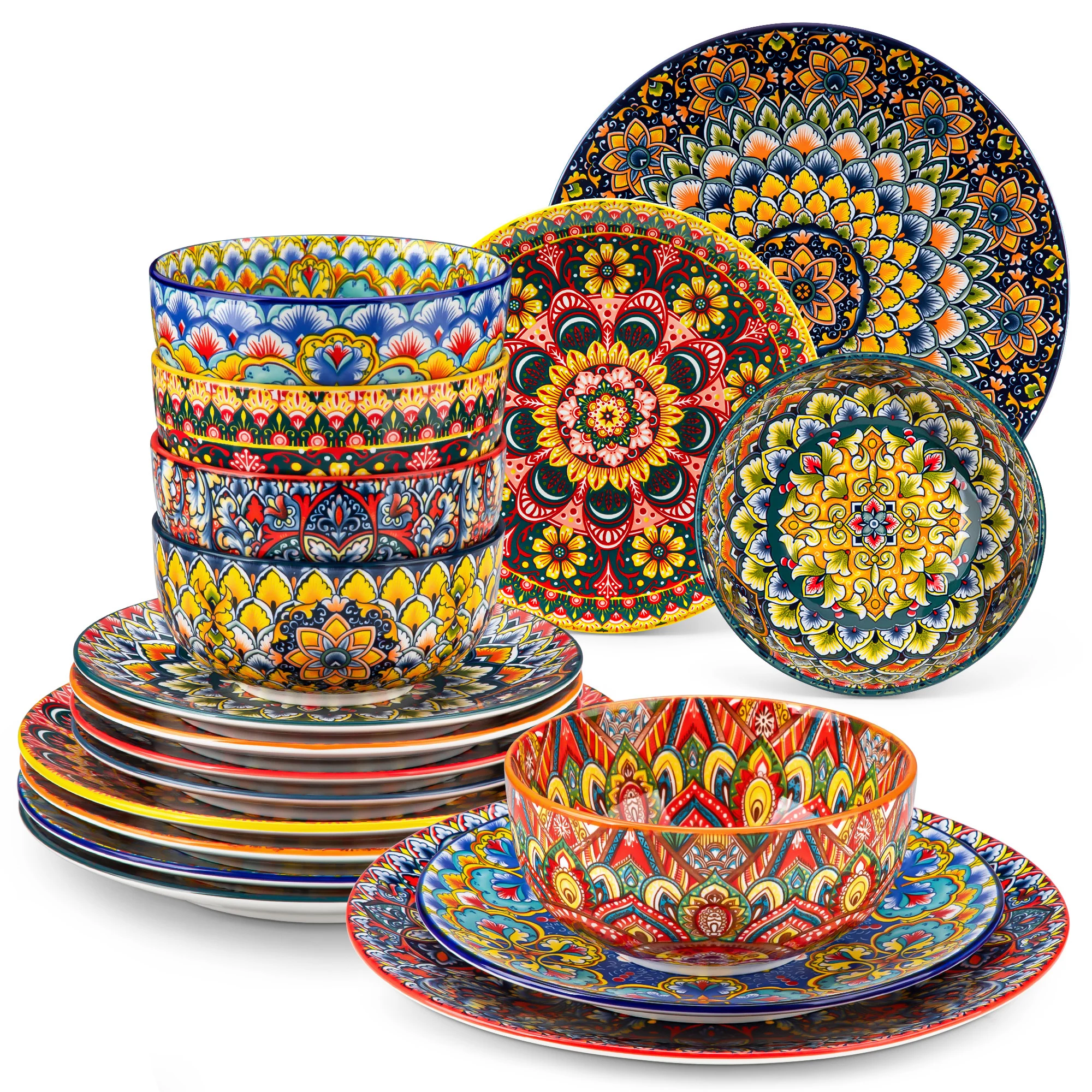 Vancasso 12/18-delige porseleinen serviesset, Boheemse borden, servies met 4/6 stuks dinerborden/dessert-/ontbijtborden
