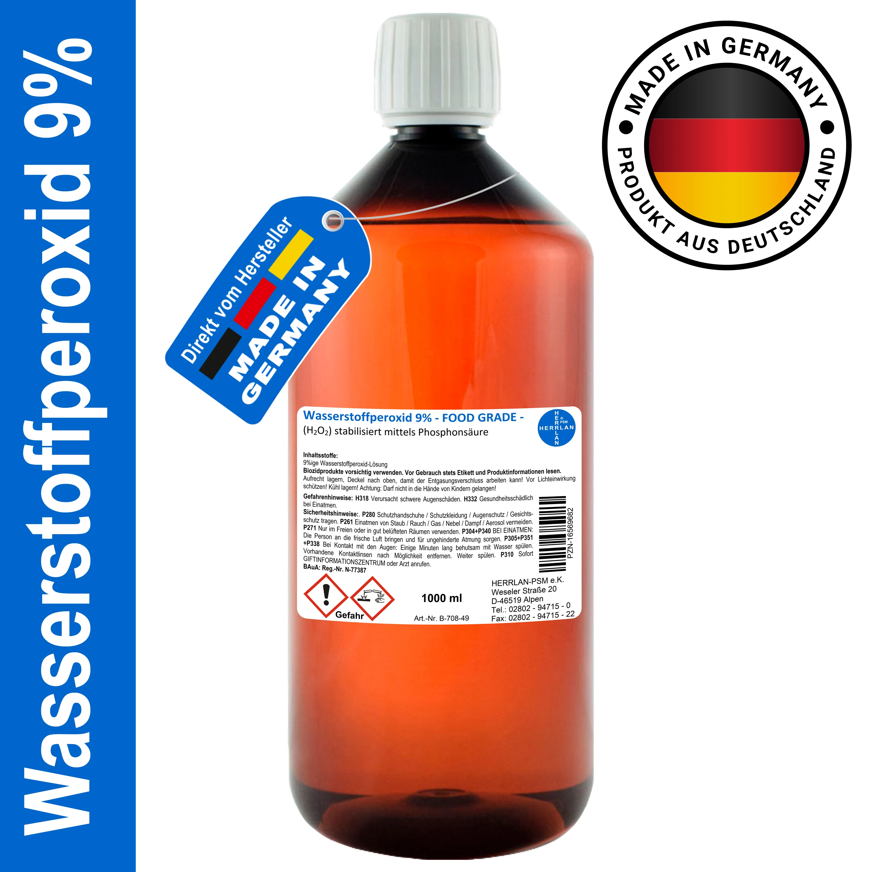 HERRLAN ® Waterstofperoxide 9% - Gestabiliseerd - VOEDSELSKVALITEIT - PZN 17455029 - Waterverzorging & Desinfectie - BAuA N-77385