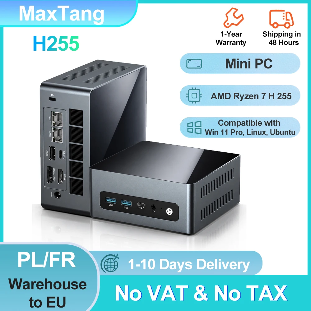 Mini PC Maxtang H255 AMD Ryzen7 H 255, double DDR5 5600 MHz, double M.2 2280 NVME SSD, double RJ 45 2.5G LAN, WIFI6, BT5.2, DP, sans RAM, sans ROM, sans OS, ordinateur de bureau, PC de jeu